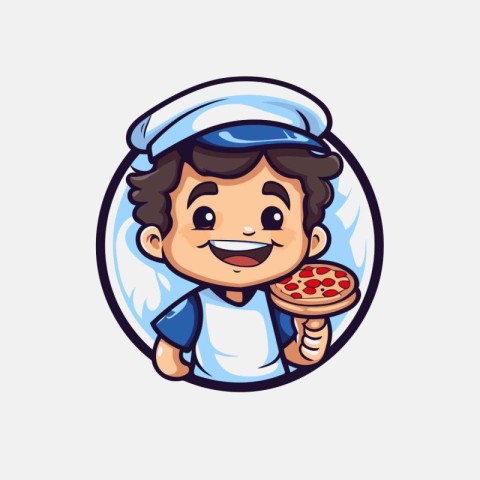 Cute boy chef holding pizza in his hand. Vector illustration.