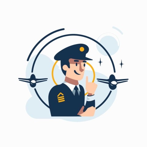 Policeman with airplane. Vector illustration in a flat style.