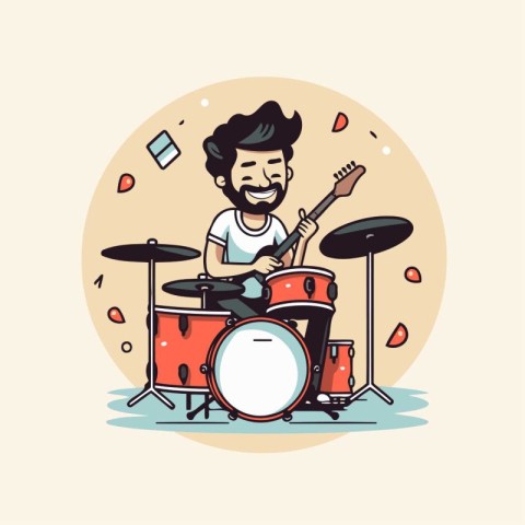 Drummer playing the drums. Vector illustration in flat cartoon s