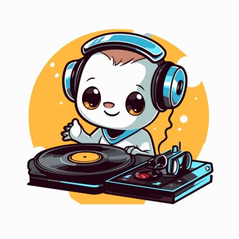 Cute kawaii DJ with headphones and turntable. Vector illustratio