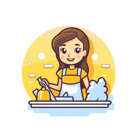 Housewife cleaning the house. Vector illustration in a flat styl