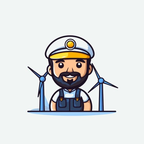 Vector Illustration. Cute Cartoon Sailor with Wind Turbine