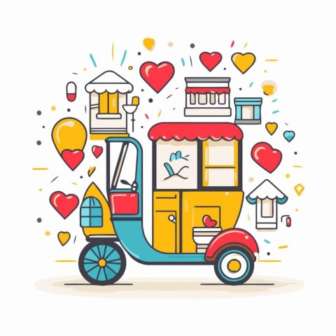 Tuk-tuk with colorful doodle icons. Vector illustration.