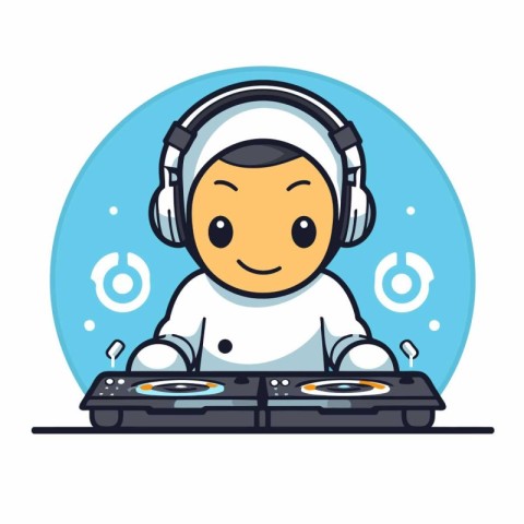 Dj playing music on turntable. Vector flat cartoon character ill