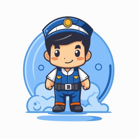 Policeman Carrying Cloud - Cute Cartoon Style Vector Illustratio