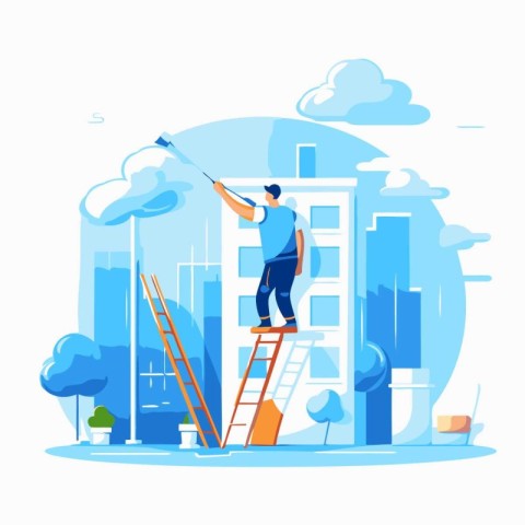 Repairman on the ladder painting the building. Vector illustrati