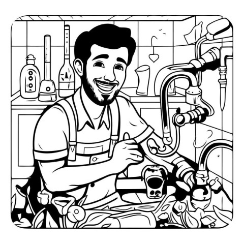 Plumber in the kitchen. Black and white illustration for colorin