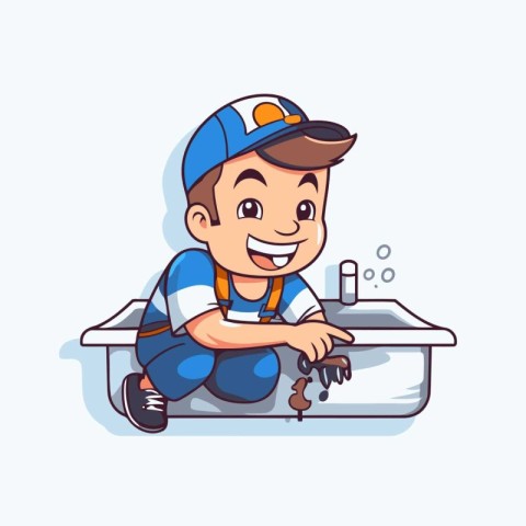 Cute Little Boy Plumber Fixing a Sink. Vector illustration