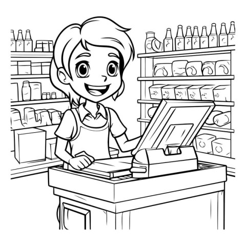 Black and white illustration of a cashier using a cash register