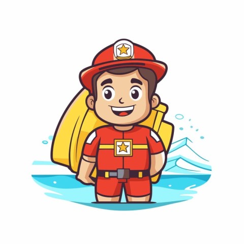 Fireman cartoon character with yellow life jacket and rescue equ