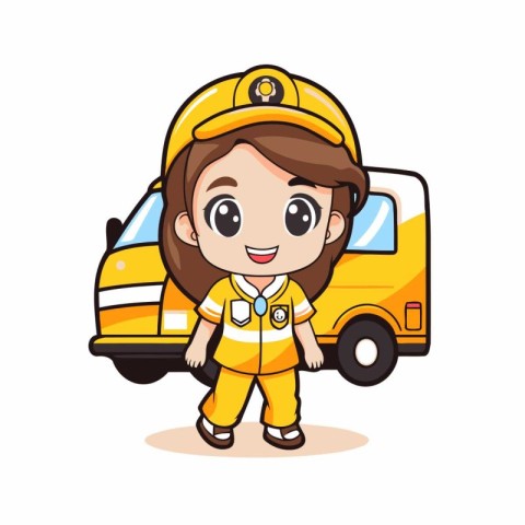 Cute little fireman cartoon character with a yellow truck vector