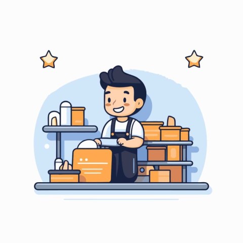 Courier at the counter in the store. Vector illustration.