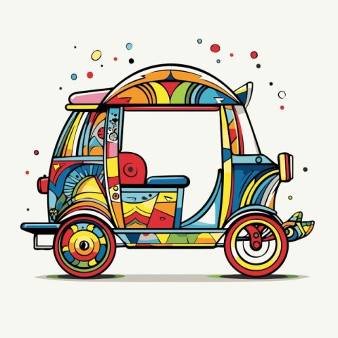 Tuk-tuk with colorful pattern. Vector cartoon illustration.