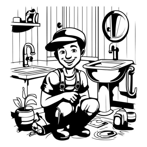 Plumber in the bathroom. Black and white vector illustration for