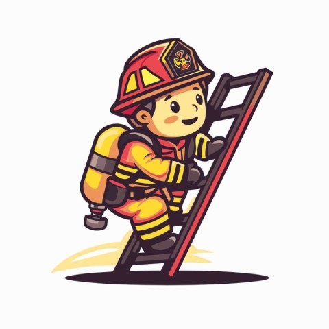 Fireman climbing the ladder. Cartoon vector illustration isolate