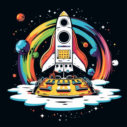 Space rocket and planets. Hand drawn vector illustration in cart