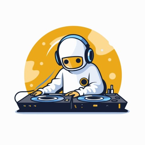 Dj playing music with headphones. Vector illustration in cartoon