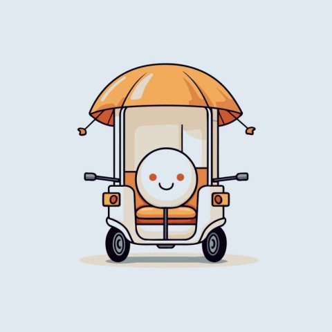 Cute cartoon tuk-tuk with umbrella. Vector illustration.