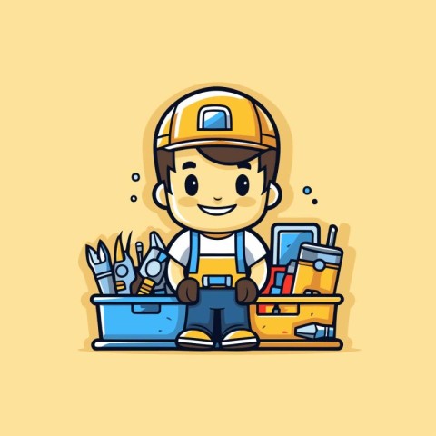 Cartoon handyman with tool box. Cute cartoon vector illustration