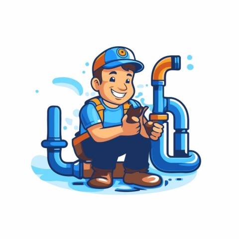 Plumber with pipe and wrench. Vector illustration in cartoon sty