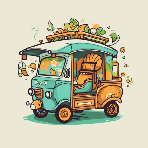 Tuk-tuk colorful vector illustration. Street food concept.