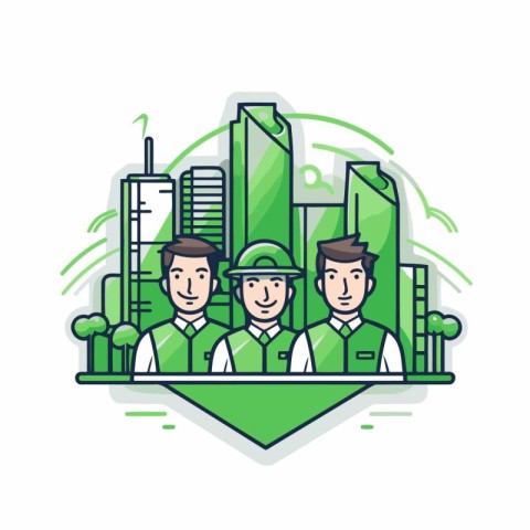 Team of construction workers on city background. Vector illustra