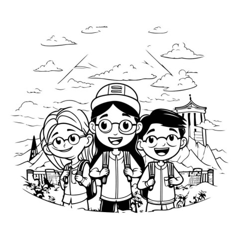 Group of kids on the background of the city. Vector illustration