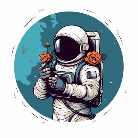 Astronaut holding a rose in his hand. Vector illustration.