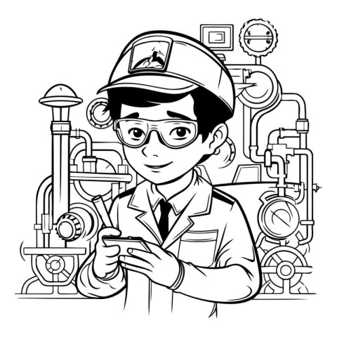 Black and White Cartoon Illustration of Industrial Engineer or T