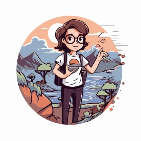 Happy hipster boy with backpack and map in hand. Vector illustra