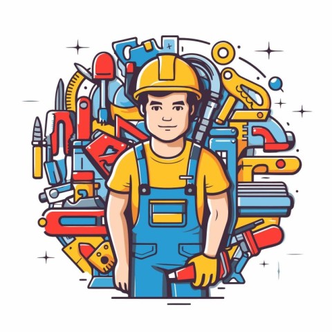 Vector illustration of a construction worker with various tools