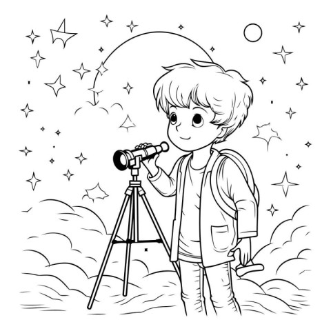 Boy looking through a telescope at night. Vector illustration in