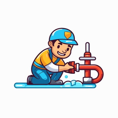 Plumber with water pipe. Vector illustration in a flat style.