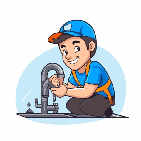 Plumber at work. Vector illustration in cartoon style on white b