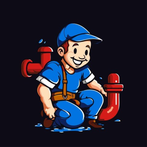 Plumber with pipe. Vector illustration. Isolated on black backgr