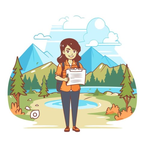 Tourist woman holding map and looking at camera. Vector illustra