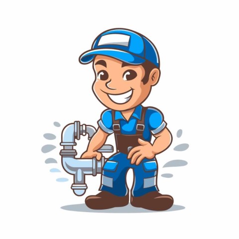 Plumber with water pipe cartoon vector illustration. Plumber cha