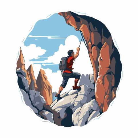 Vector illustration of a man climbing on a rock in the mountains