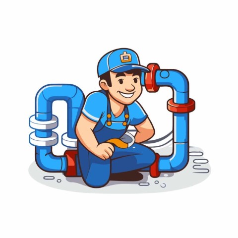 Plumber with pipe and wrench. Plumbing service. Vector illustrat