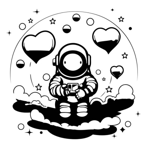 astronaut on the moon with hearts and balloons vector illustrati