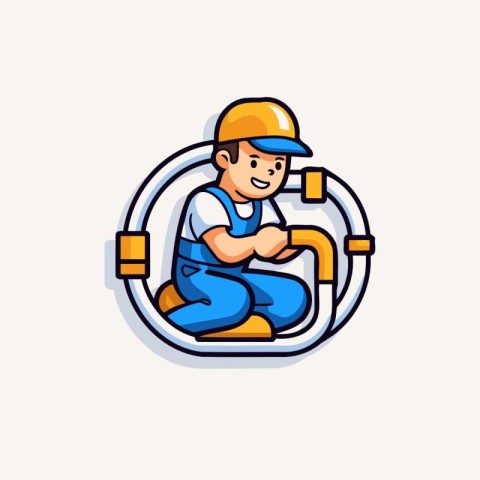 Plumber in helmet and overalls. Plumber character. vector illust