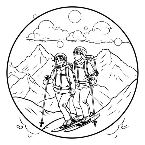 Hikers in the mountains. Black and white vector illustration for