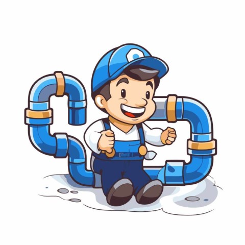 Plumber with pipe and thumbs up. Vector illustration isolated on