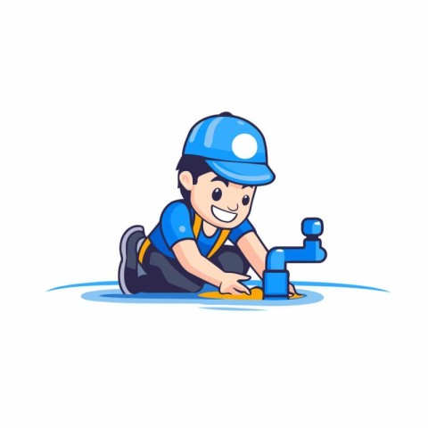 Plumber repairing water tap. Vector illustration in flat cartoon