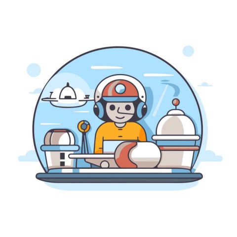 Vector illustration of boy in astronaut helmet working on laptop