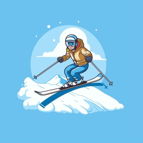 Skiing man vector illustration. Skier in helmet and goggles skii