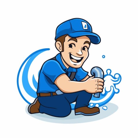 Plumber with a wrench in his hand. Vector illustration on white