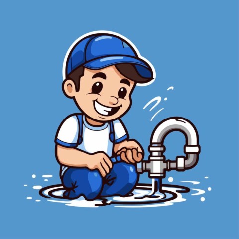 Plumber with water tap. Vector illustration of a cartoon charact