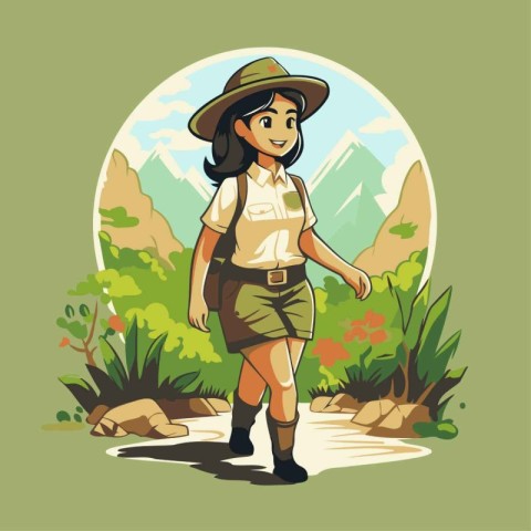 Illustration of a girl wearing safari outfit in the forest.