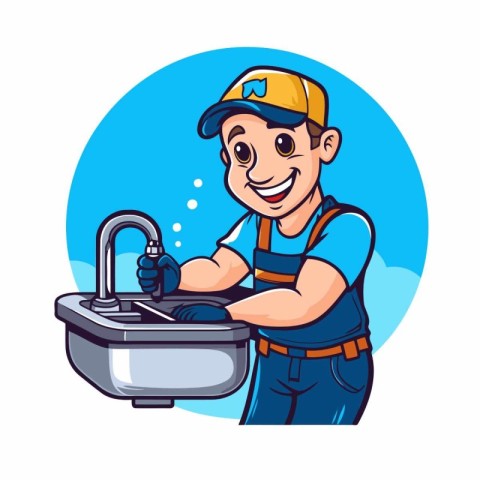 Plumber with a sink and tap. Vector illustration in cartoon styl